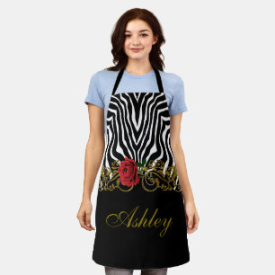 Tablier Abstraite Fleur Zèbre Rouge Noir Blanc Or        