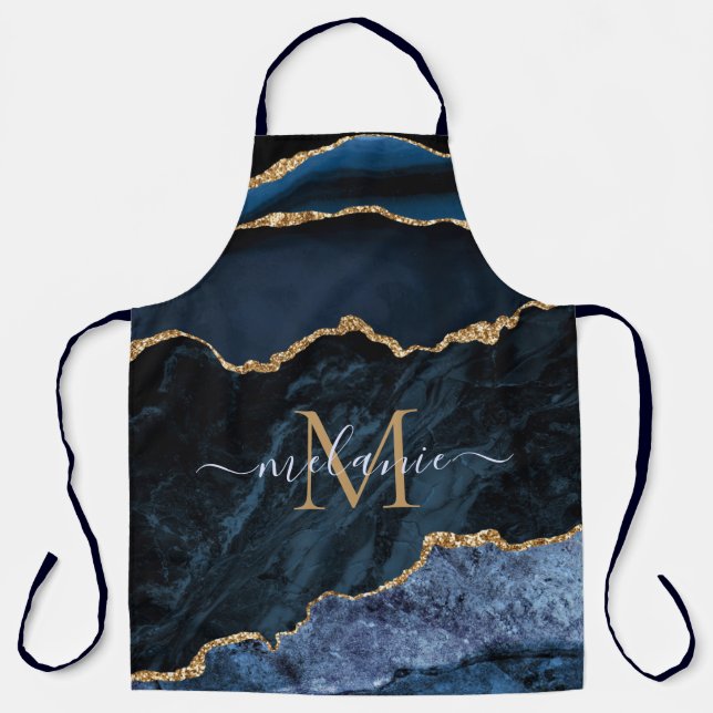Tablier Agate Marine Bleu Marbre Or Monogramme Nom Apron (Recto)
