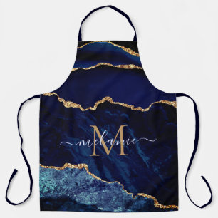 Tablier Agate Marine Blue Gold Geode Monogramme Nom Apron