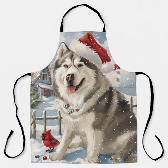 Tablier Alaskien Malamute Chien hiver Merveilles de Noël (Recto)