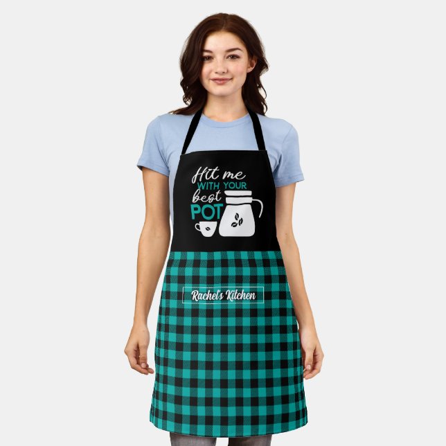 Tablier Amusant café meilleur pot noir Turquoise vert plai (Porté)