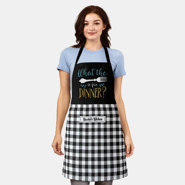 Tablier Amusant Cuisine Fourche Pun Noir Blanc Plaid (Porté)