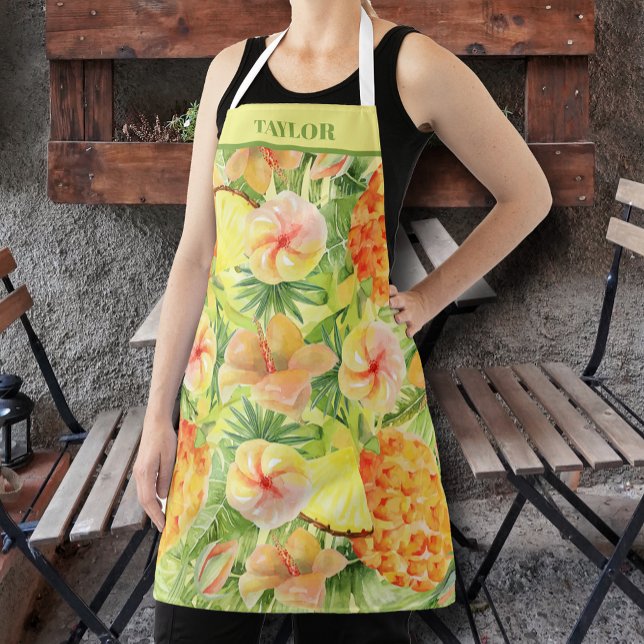 Tablier Ananas et fleurs Personnalisé (Pineapple and tropical flowers personalized apron)