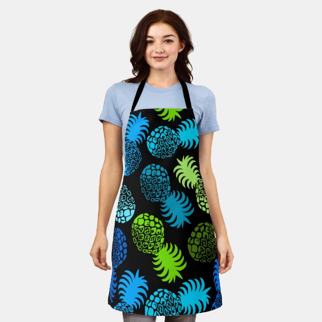 Tablier Ananas tropical de Momona Hawaiian - Turquoise noi (Porté)