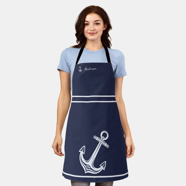 Tablier Ancrage nautique marine bleu blanc monogramme nom  (Porté)