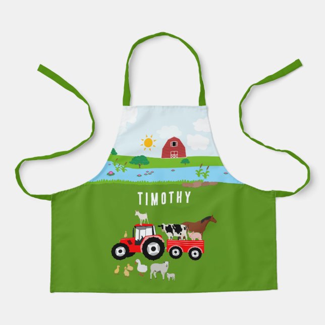 Tablier Animaux de ferme et tracteur rouge Barnyard Nom pe (Recto)