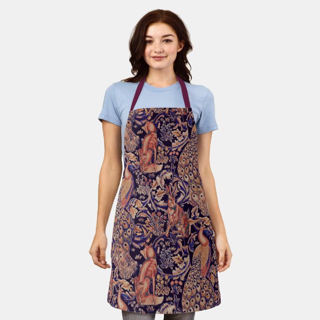 Tablier ANIMAUX FORESTIERS Fox, Peacock, Lièvre bleu rose  (Porté)
