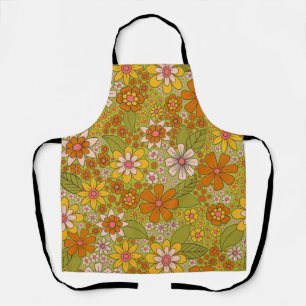Tablier Années 1960, 1970 Vert & Orange Retro Floral