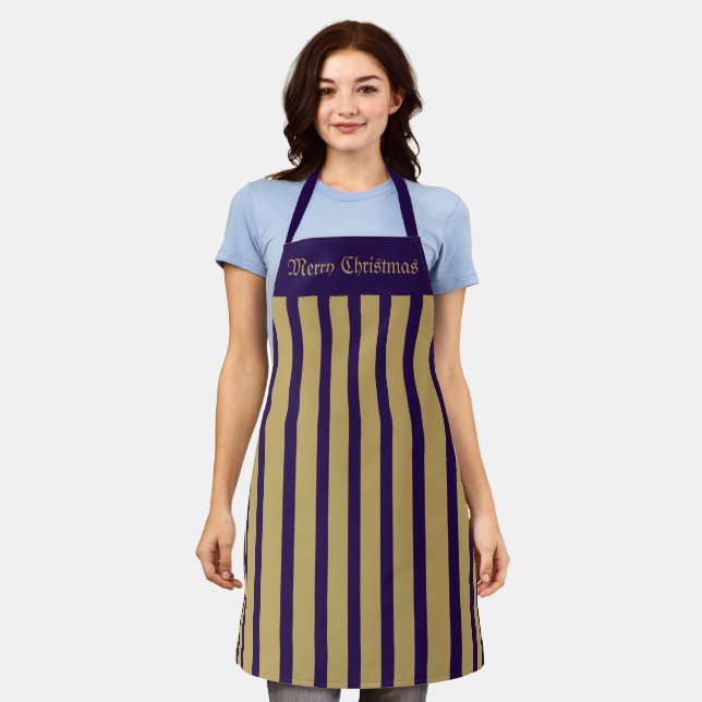 Tablier Apron Cafe Purple et Gold Stripe Joyeux Noël (Porté)