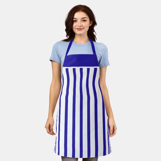 Tablier Apron Cafe Royal Bleu et Blanc en bande (Porté)