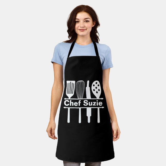 Tablier Apron Chef noir - Nom personnalisé Kitchen Cadeau  (Porté)
