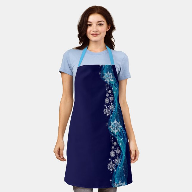 Tablier Apron Christmas Blue Tones Snowflakes (Porté)