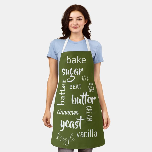 Tablier Apron des mots de cuisson vert olive (Porté)