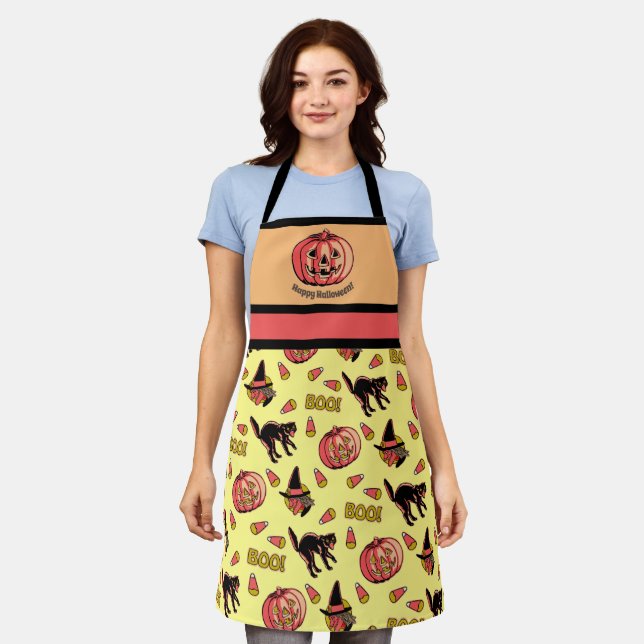 Tablier Apron d'Halloween rétro avec sorcière de chat et C (Porté)