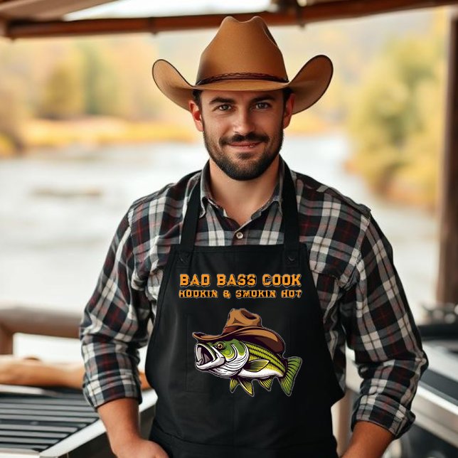 Tablier Apron drôle pour lui Poisson avec un Casquette Cow (Funny Apron for Him-Bass Fish with a cowboy hat-Fisherman Core-Father's Day Gift, Gift for him )