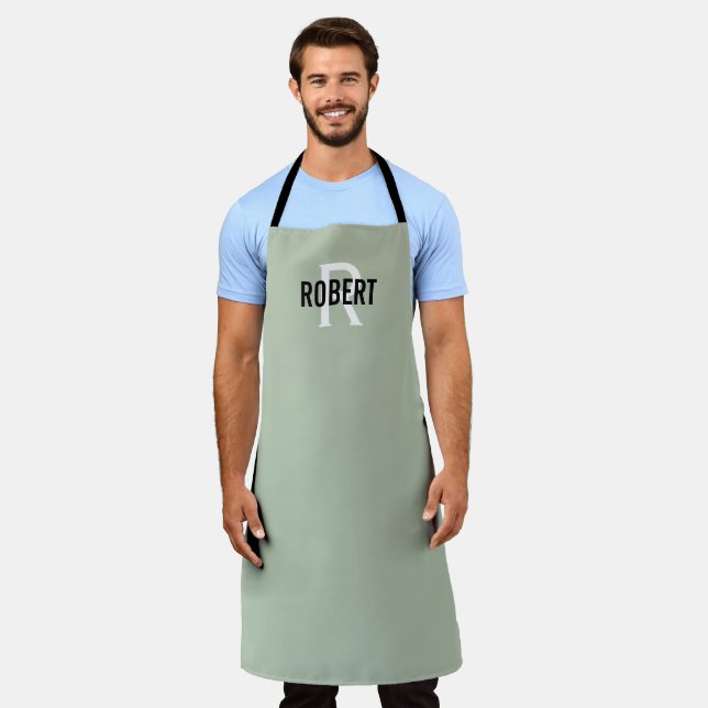 Tablier Apron moderne sauge vert homme monogramme (Porté)