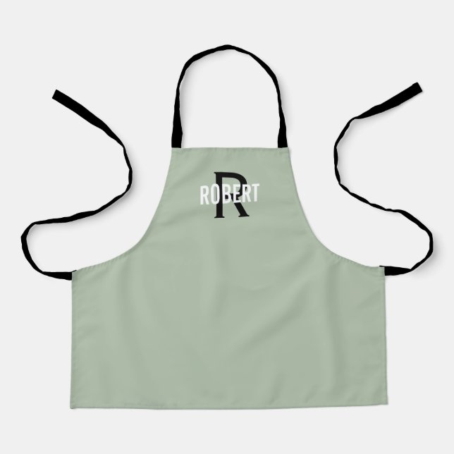 Tablier Apron moderne sauge vert monogramme nom de garçon (Recto)