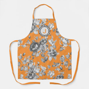 Tablier Apron orange avec fleurs et monogramme