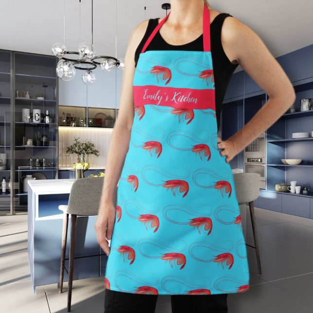 Tablier Aqua Blue Personnalisé Crevettes Roses Fru (Créateur téléchargé)