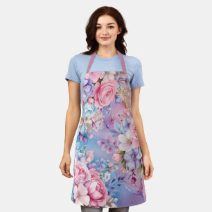Tablier Aqua et fleurs d'aquarelle rose vibrantes