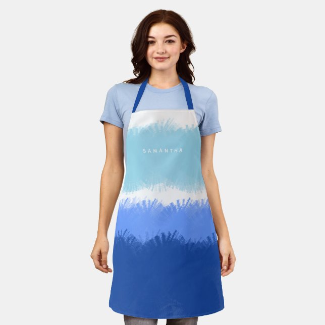 Tablier Aquarelle Abstraite moderne tons bleus Nom personn (Porté)