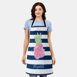 Tablier Aquarelle ananas Tropical, Bleu marine rayé