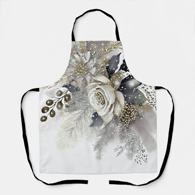 Tablier Aquarelle Argent Golden White Roses Fleurs (Recto)