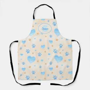 Tablier Aquarelle Bleu Coeurs et Empreintes de pattes Moti