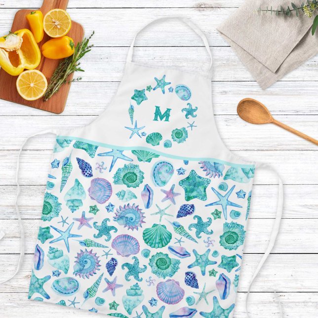 Tablier Aquarelle Bleu Coquillages et Monogramme de Starfi (Watercolor Blue Seashells and Starfish Monogram Apron)