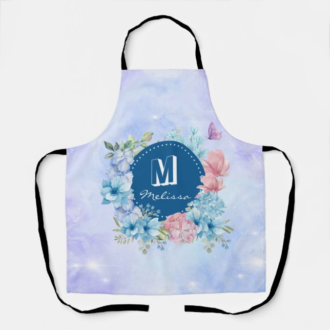Tablier Aquarelle bleu violet moderne brillant Floral (Recto)