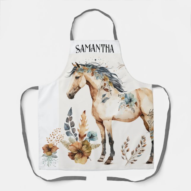 Tablier Aquarelle cheval boho pays fleuri nom de la chute (Recto)