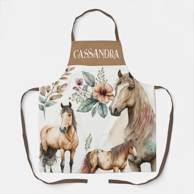 Tablier Aquarelle chevaux chute fleurs boho nom pastel (Recto)