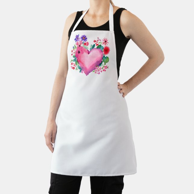 Tablier Aquarelle Coeur rose avec Valentines Fleurs sauvag (Insitu)