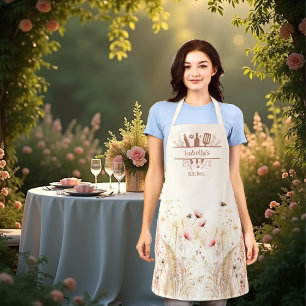 Tablier Aquarelle crème beige fleur sauvage rose boho