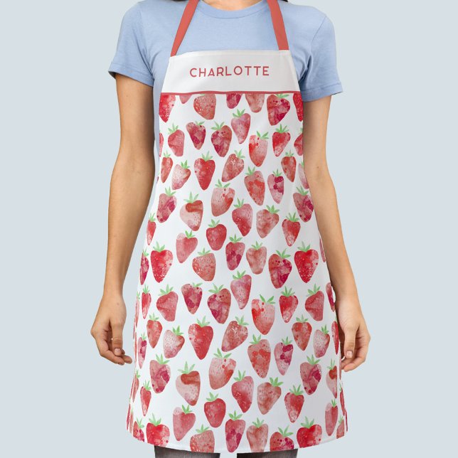 Tablier Aquarelle de fraise personnalisée (Fun watercolor strawberry pattern personalized name apron)
