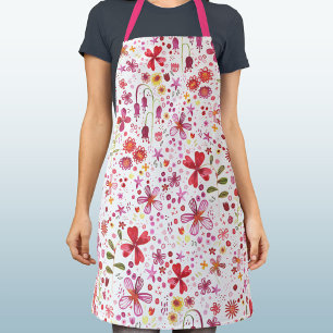 Tablier Aquarelle Fleur Sauvage Botanique Rose Rouge Blanc