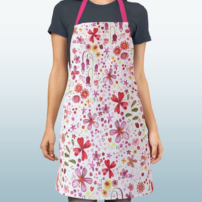 Tablier Aquarelle Fleur Sauvage Botanique Rose Rouge Blanc (Modern watercolor wildflower pattern apron in red, pink sage green and white)