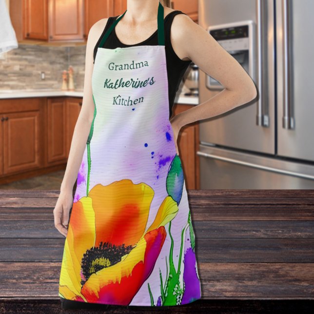 Tablier Aquarelle Floral Californie Poppies Custom (Watercolor floral personalized apron with California poppies in bright orange and yellow with purple)