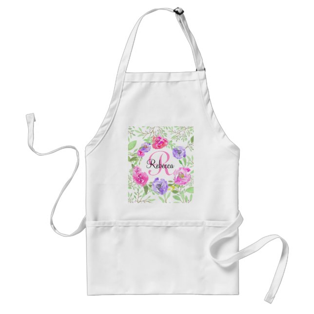 Tablier Aquarelle florale de pivoine rose Monogramme (Devant)