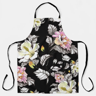Tablier Aquarelle florale vive : Arrière - plan noir