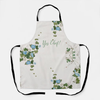 Tablier Aquarelle japonaise Imprimer Botanique Floral Bleu