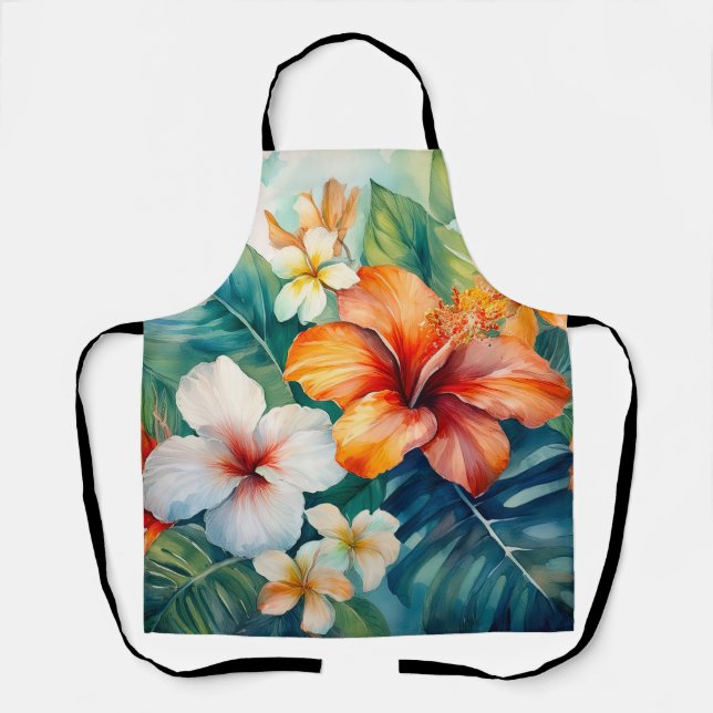 Tablier Aquarelle Jardin hawaïen Hibiscus tropical (Recto)