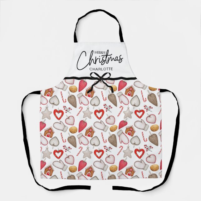 Tablier Aquarelle Joyeux Noël Nom personnalisé Fête (Recto)