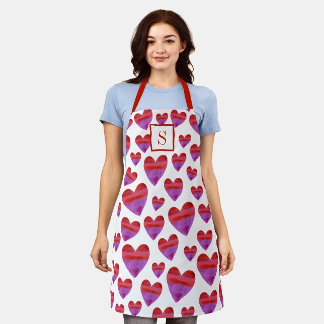 Tablier Aquarelle mignonne Coeur Motif Monogramme Cuisine (Porté)