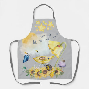 Tablier Aquarelle mignonne Cottagecore Jaune sur gris  