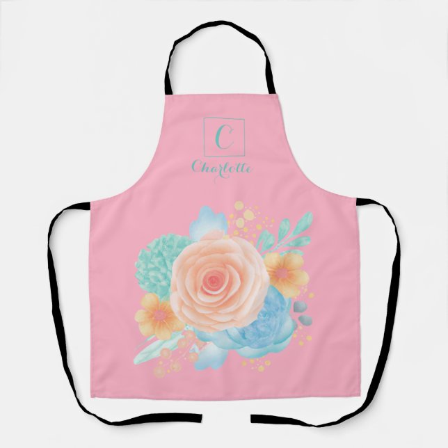 Tablier Aquarelle moderne Floral Monogramme rose pâle Turq (Recto)