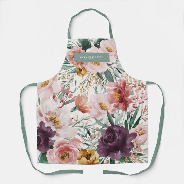 Tablier Aquarelle moderne rose floral + vert sage élégant (Recto)