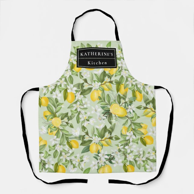 Tablier Aquarelle monochrome citrons jaunes Florales blanc (Recto)
