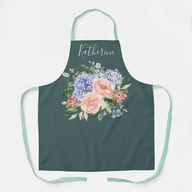 Tablier Aquarelle monogramme bleu rose printemps floral (Recto)