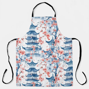 Tablier Aquarelle Pagode chinoise avec fleurs de cerisiers